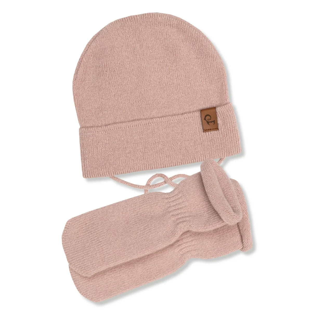 Babystickad mössa med snören & vantar 2-delar - Bild 4