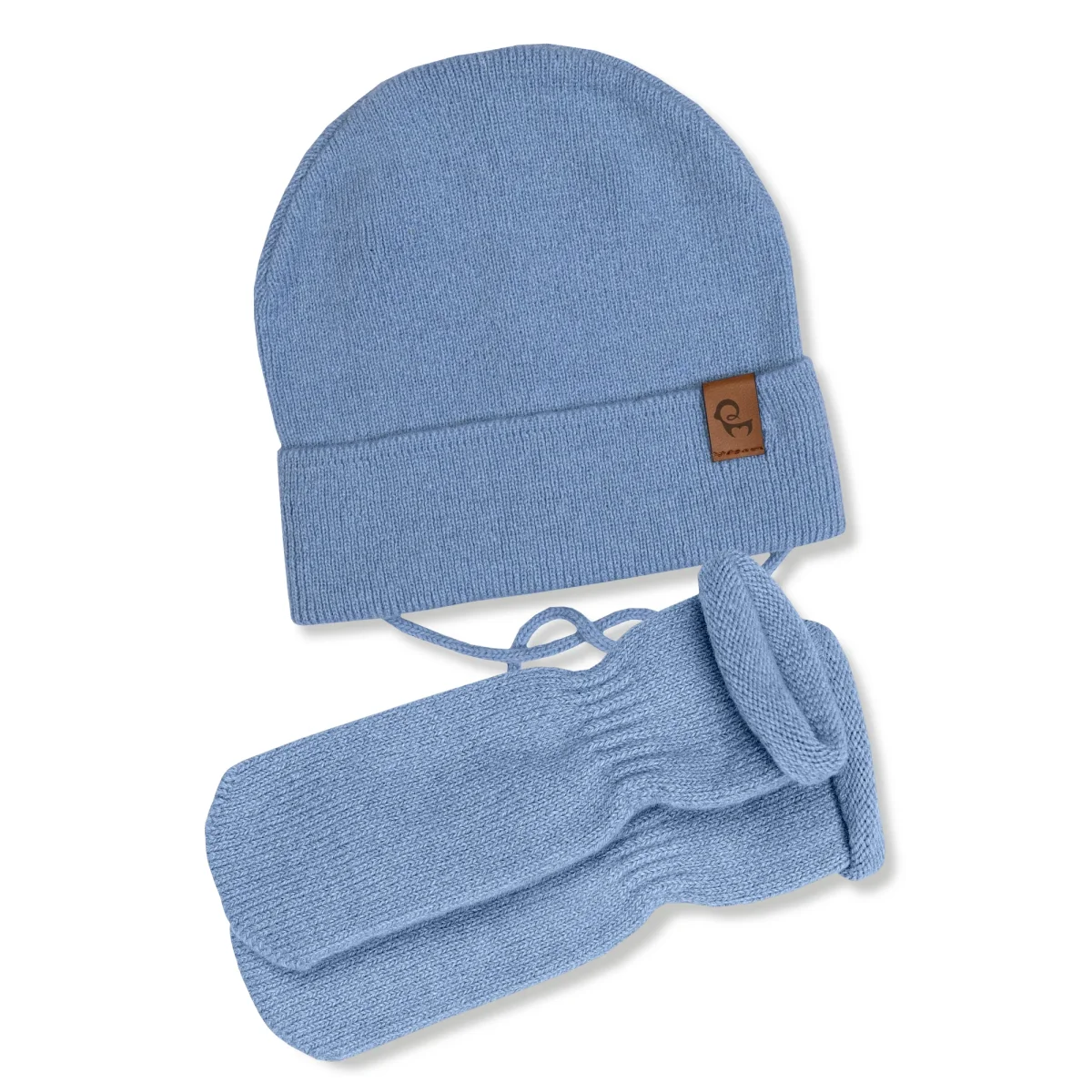 Babystickad mössa med snören & vantar 2-delar - Bild 5