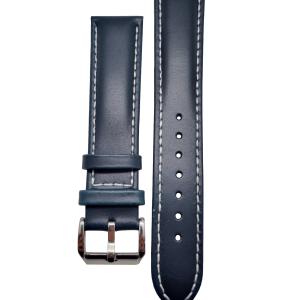 Klockarmband – Blå slät vintage med vit sömnad – Äkta läder