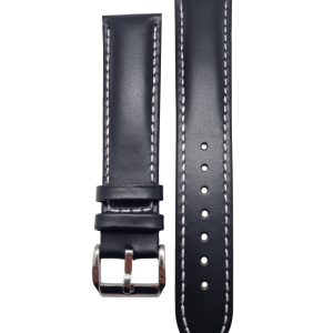 Klockarmband – Svart slät vintage med vit sömnad – Äkta läder