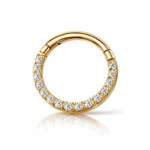 Clicker med vita kristaller - Smal ring till piercing i PVD guldpläterat titan