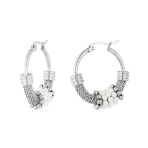 Bali hoops örhängen - Silverringar i kirurgiskt stål med vita pärlor