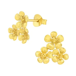 Tre blommor - 18k guldpläterat äkta silver - Studs-örhängen
